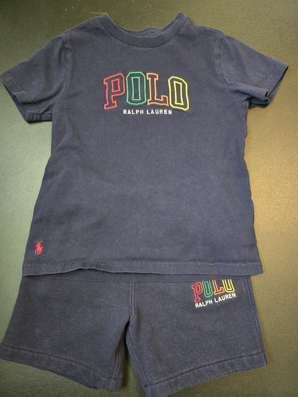 Ralph Lauren Navy Short Sleeve Tee & Shorts Set with Multicolor POLO Logo